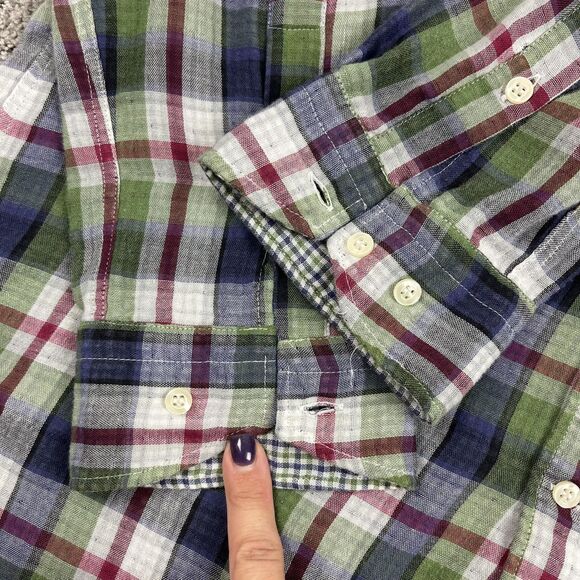 Barneys New York Shirt Mens Medium Green Blue Plaid Button Down Collar Cotton - Picture 4 of 8